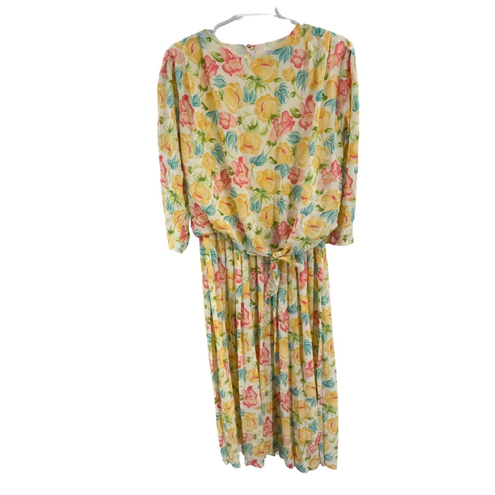 Vintage Floral Midi blouson pleated skirt tie front top dress secretary 14